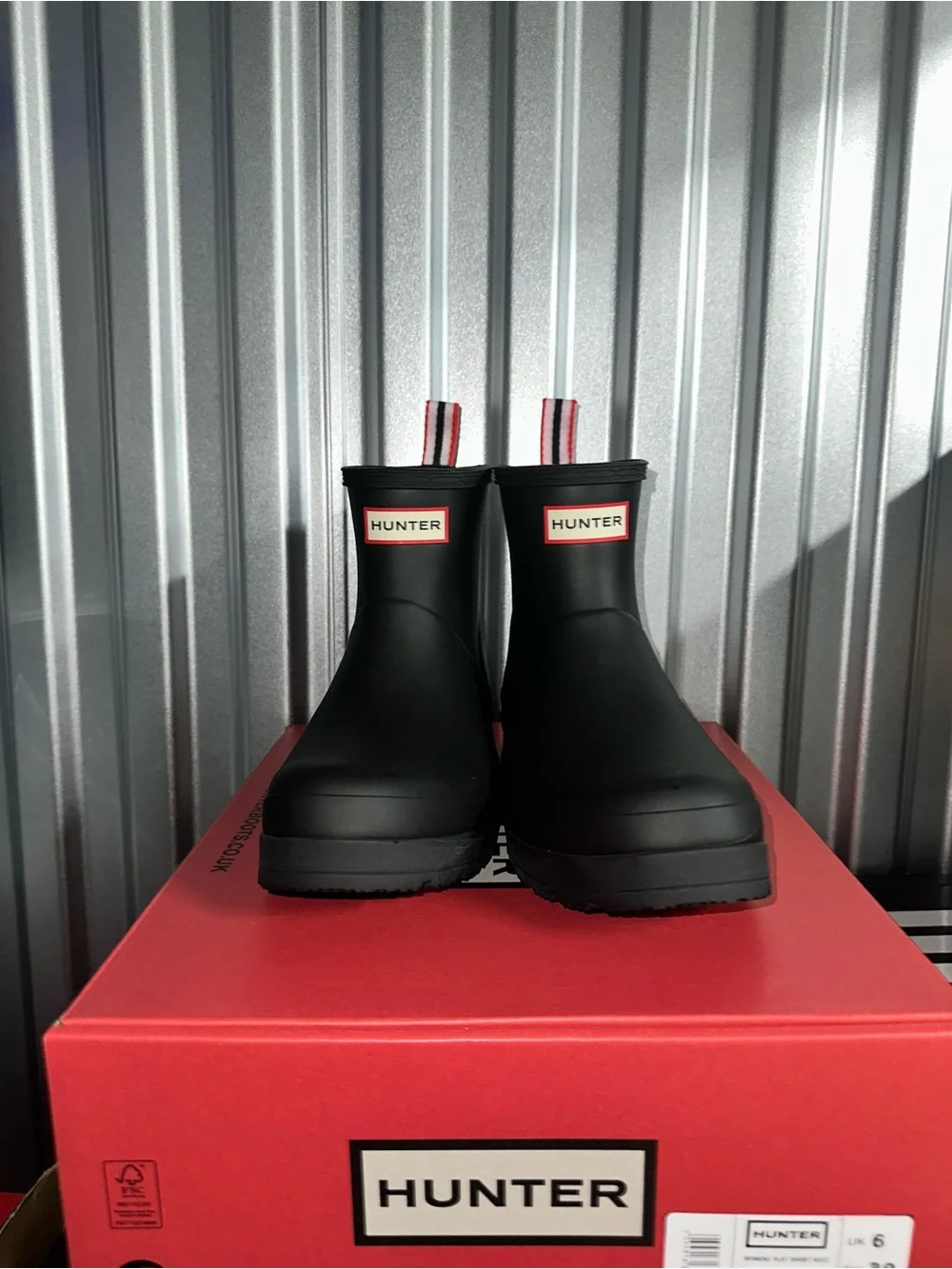 Hunter Black Short Rain Boots with Red-Trim Pull Tabs
